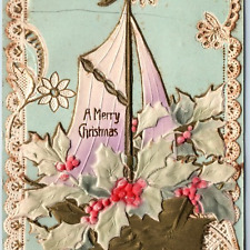 c1910s Merry Christmas Heavy Embossed Sailboat Artistic Handmade Germany PC A242 picture