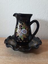 Vintage  Black Floral Decorated Pitcher and Basin Set Small Hand Made In Greece  picture