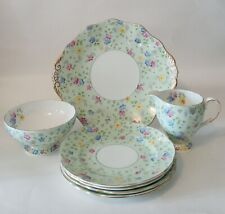 EB FOLEY Bone China Cake Plate Set, Mint Green with Flowers, Made In England picture