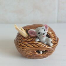 Vintage 1960s Mouse In A Walnut Ceramic Toothpick Holder Kitch Ornament Figurine picture