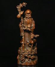Chinese Collection Boxwood wood Carve God longevity old man animal deer Statue picture