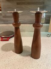 Pair Of Vintage Mid Century Modern Indian Teak Wood Piller Candle Holders picture