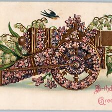 c1910s Cool Golden Flower Cannon Birthday Greetings Embossed Germany Birds A190 picture