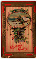 Postcard 1910 Embossed Christmas Holly Winter Country Scene picture