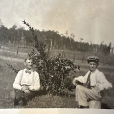 VINTAGE PHOTO 1920S Two Men On The Grass Bowtie, Bowler Hat, Unusual Pose picture