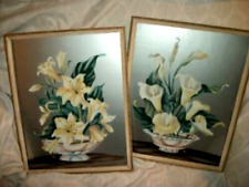 COTTAGE CORE AIRBRUSH PAINTINGS STYLIZED FLOWERS SILVER BOARD 1950s CALIFORNIA picture