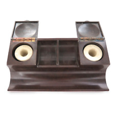 .c1920s / 1930s BRITISH MADE BROWN BAKELITE DESK SET / PORCELAIN INKWELL INSERTS picture