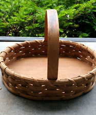 Antique Hand Made Splint Oak Oval Basket w Handle Solid Wood Base picture