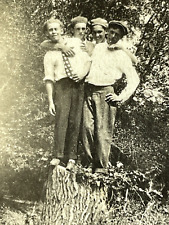 O7 Photograph 1910-20's Handsome Men Together Embrace Guys On Stump picture