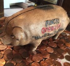 Piggy Bank Fincks Overalls Pig Hog Swine Metal Patina Man Cave Collector Farmer picture