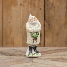 Primitive Whimsical Ivory & Glitter Santa Claus Figure with Wreath 7.5 in picture