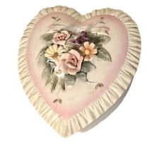 Vintage Pink & White Porcelain Heart Shaped Floral Trinket Box LID FLOWERS CHIP picture