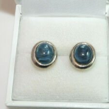  Signed M&S Blue Swirled Glass Agate Cabochon  Silver tone Stud Earrings Cg 51 picture