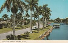 Delightful Tropical Florida Living Palm Trees Shore Road Old 1960s Car Postcard picture