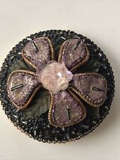 Vintage Beaded Floral Mirrored Compact Gold Tone 2.5” Signed Korea Pink Purple picture