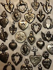 25 Milagro HEART Charms Mix Mexican Folk Art Dark Antique SILVER All HEARTS picture