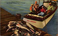 Linen Postcard Sea Biscuit Boat Fish on Pier Salt Water Fishing Trip in Florida picture