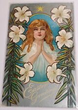 Rare Vtg 1900s Happy Easter Praying Girl Lillys Embossed Gilt Postcard Egg Bunny picture