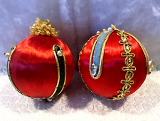 2 Vintage Handmade Red Spun Satin Embellished Push-Pin Christmas Ornaments 3