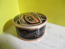 Rare Vtg Copper Plate Tribal Small Round trinket box hand engraved in Canada EUC picture