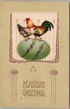 1911 EASTER GREETINGS Postcard Hen & Rooster / Green Egg - PFB EMBOSSED #7458 picture