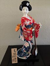  Vintage Japanese Kyugetsu Geisha Doll with Shamisen,  13.5” + Base, fan, sign picture