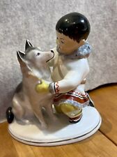 Lomonosov Imperial Porcelain Yakut Eskimo Boy Dog Ceramic Figurine 5.25 inch picture
