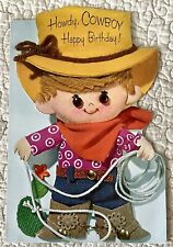 Vintage Birthday Boy Cowboy Yarn Hair Die Cut Embossed Greeting Card 1960s 1970s picture