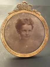 Antique French Gilt Gilt Metal Round Frame Bow Swags Girl Image On Metal picture