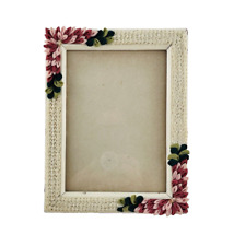 Antique VTG Painted White Wood Picture Frame Ribbon Floral Embellishments Signed picture