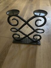Vintage Rustic Hand Forged Wrought Iron Dual Pilar Candle Holder Black 11”x10” picture