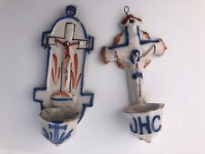 French Antique Faience Holy Water Fonts 'Benitiers' with Crucifixes 18th Century picture