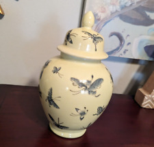 Otagiri Enesco Lid Blue Butterflies Pale Yellow Vase 1995 Vintage EUC Ginger Jar picture