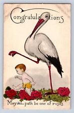 VINTAGE 1900S CONGRATULATIONS GREETING, STORK, BABY PATH OF ROSES POSTCARD DO picture