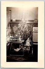 Original Snapshot Photograph 1940s Girl Dolls Christmas Tree Tinsel picture