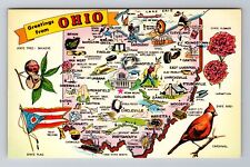 OH-Ohio, General Map Greetings Landmarks, Antique, Vintage Souvenir Postcard picture