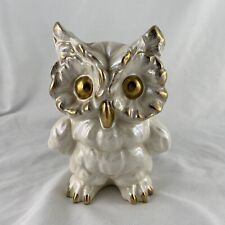 Vintage MCM Ceramic Norcrest Owl Bank Pearlescent White & Gold Japan picture