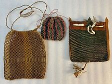 Antique Native Handmade Bags Woven Grasses Leather Small Pouches Drawstrings picture