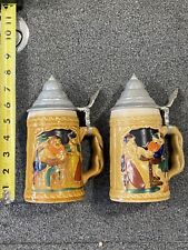 PAIR of 2 Vintage German Scene Beer Stein Hand Painted marked A & B  7in picture