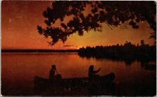 Postcard 1955 Sunset Two People Canoeing Lake Water Evening Nature Scenic View   picture