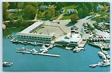 POSTCARD Browns Wharf Boothbay Harbor Maine Motel Restaurant Marina Boats Aerial picture