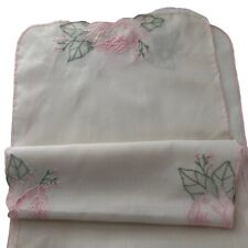 Vtg table Runner Dresser Scarf White Embroidered Floral pink rose grannycore see picture