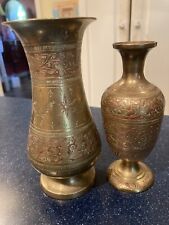Two beautiful vintage hand crafted painted brass vases from India. picture