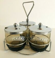 Vintage Smucker's 3 Smoked Glass Condiment Jars W/Chrome Tops & Caddy picture