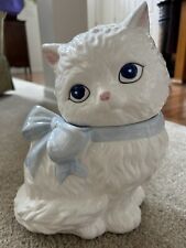 VTG Large White Persian Cat Cookie Treat Jar W/Blue Eyes & Bow  11” X 8” X 4” picture