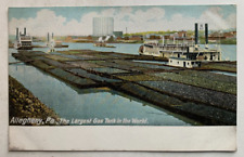 ca 1900s PA Postcard Allegheny Pennsylvania Largest Gas Tank ships barges river picture