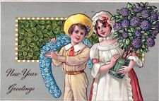 NEW YEAR - Girl, Boy, Four Leaf Clover And Flowers PFB Postcard - 1911 picture