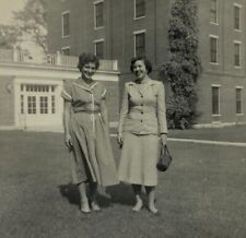 Two Women Standing In Grass By Building B&W Photograph 3.5 x 3.5 picture