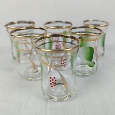 6 Sake Shot Glasses Gold Trim Red Berries Green Leaves Hand Painted MCM Vintage picture