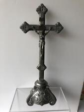 Large Antique Cast Aluminum Metal Parade Procession Crucifix Cross On Stand 16.5 picture